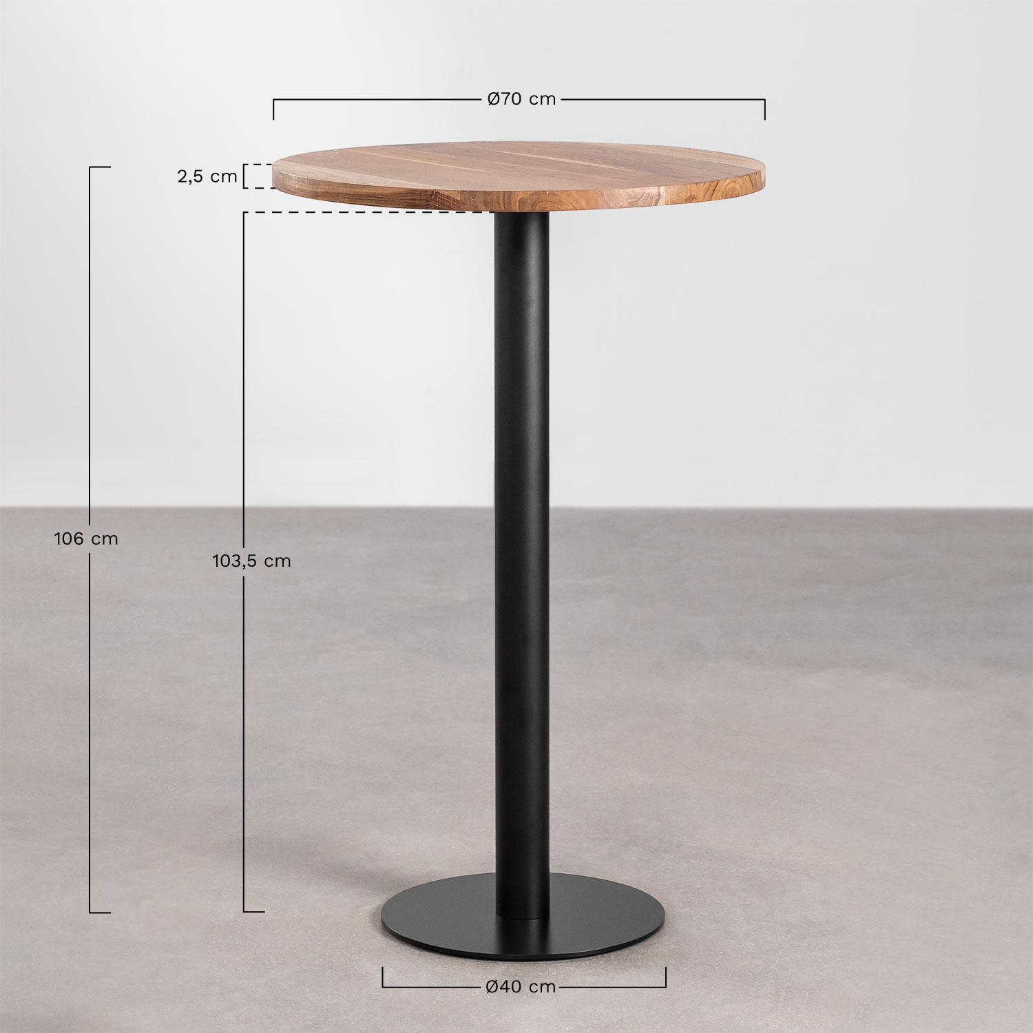 Table Haute de Bar Ronde en Bois d'Acacia Macchiato, mesures