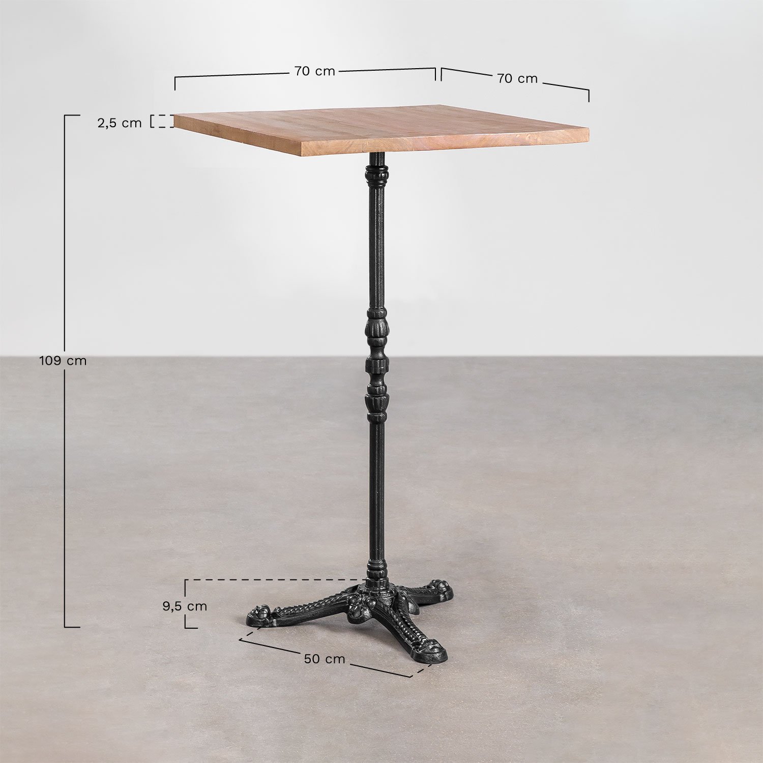 Table haute de bar carrée en bois d'acacia Azteca, mesures