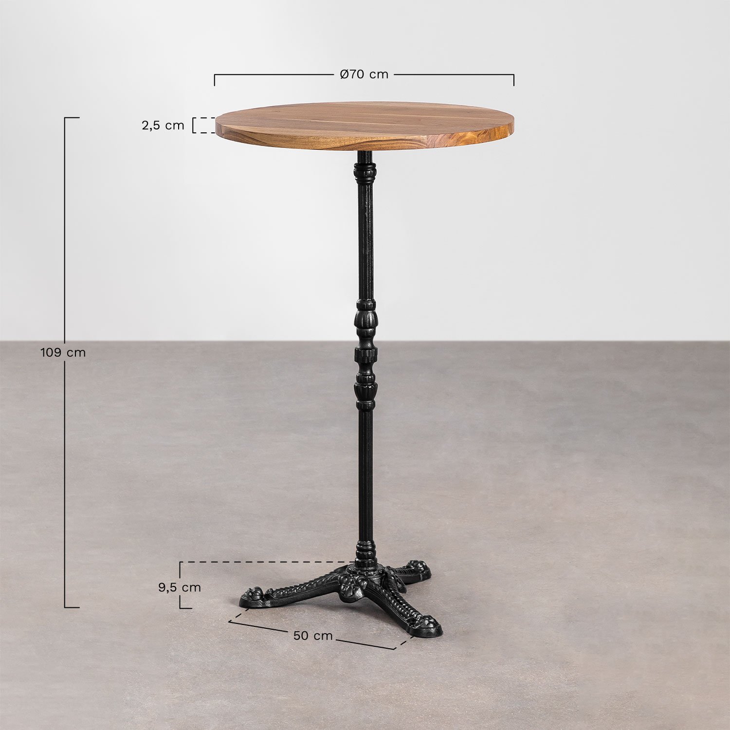 Table Haute de Bar Ronde en Bois d'Acacia Azteca, mesures
