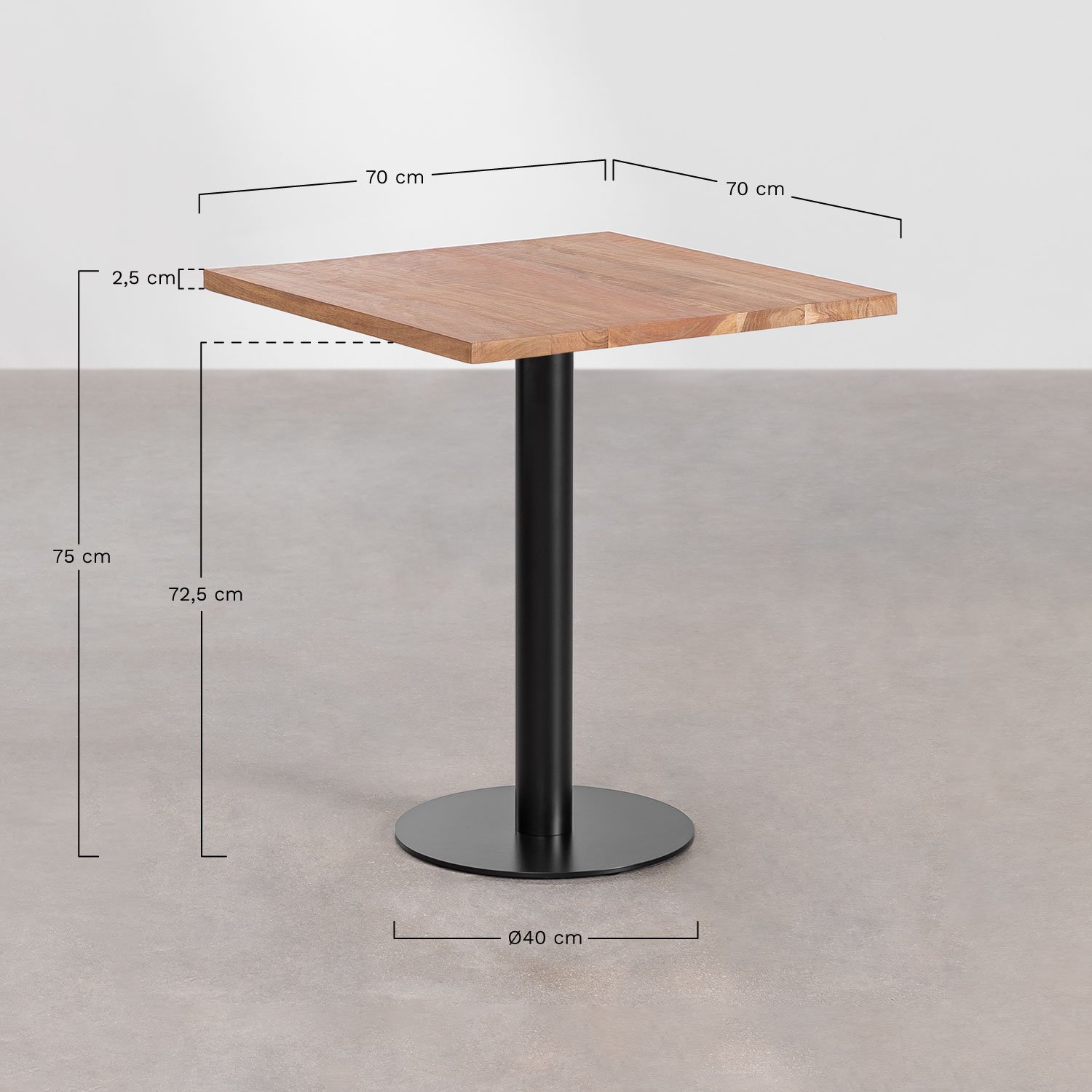 Table de Bar Carrée en Bois d'Acacia Macchiatto , mesures