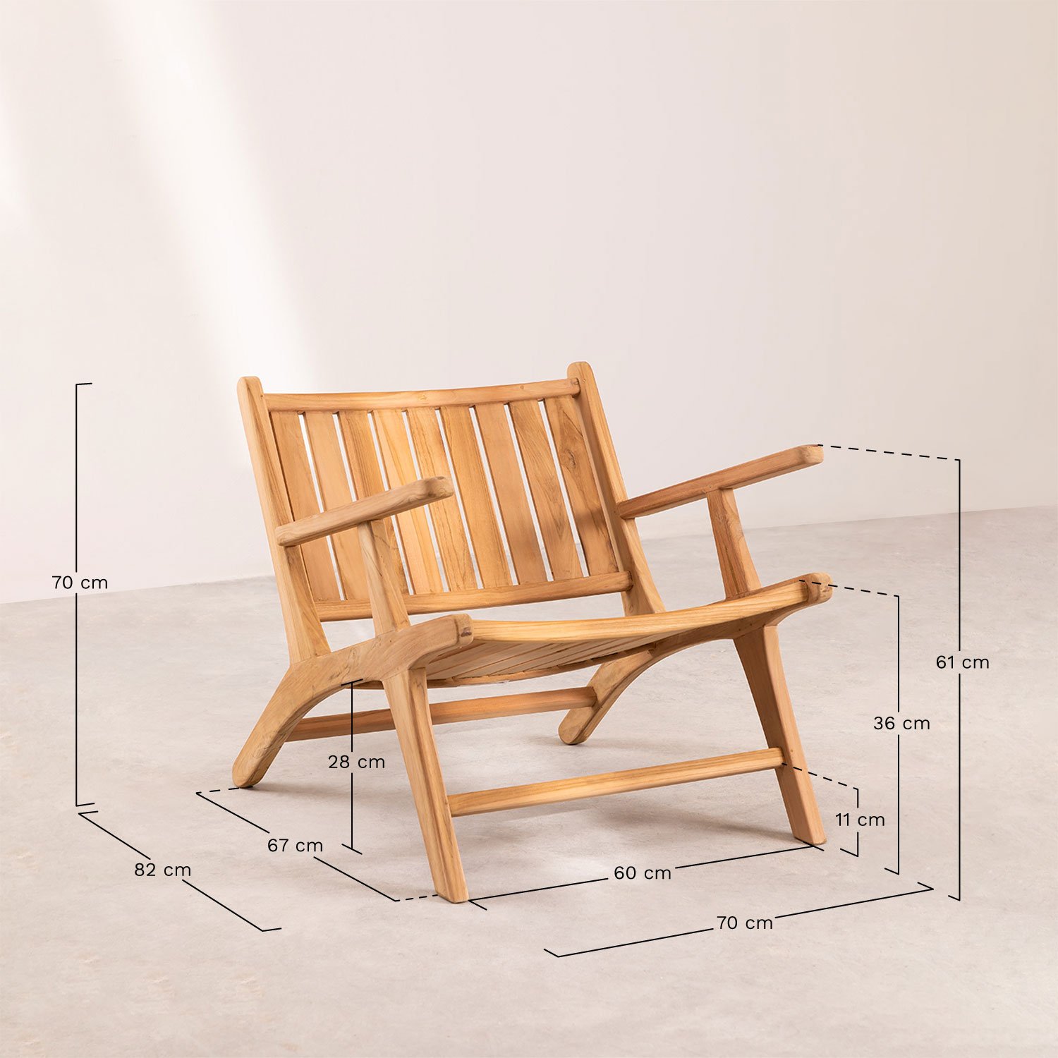 Fauteuil de jardin avec accoudoirs en bois Caima, mesures