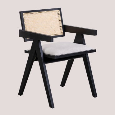 Pack De 2 Chaises De Salle À Manger Rembourrées Avec Accoudoirs En Bois De Frêne Et Rotin Lali Noir Uni - Sklum