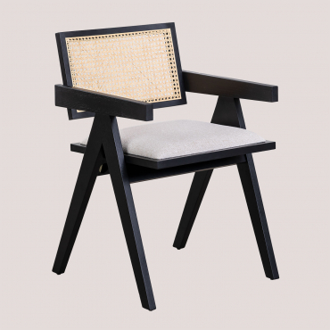 Pack De 4 Chaises De Salle À Manger Rembourrées Avec Accoudoirs En Bois De Frêne Et Rotin Lali Noir Uni - Sklum
