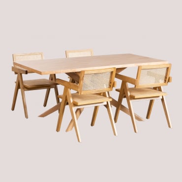 Ensemble Table À Manger Rectangulaire (180x90 Cm) Arnaiz Et 4 Chaises Avec Accoudoirs En Bois De Fresno Et Rotin Style Lali Bois Naturel - Sklum