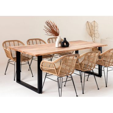 Ensemble table à manger rectangulaire (180x90 cm) Arnaiz et 6 chaises avec  accoudoirs en bois de Fresno et rotin Lali Style - SKLUM