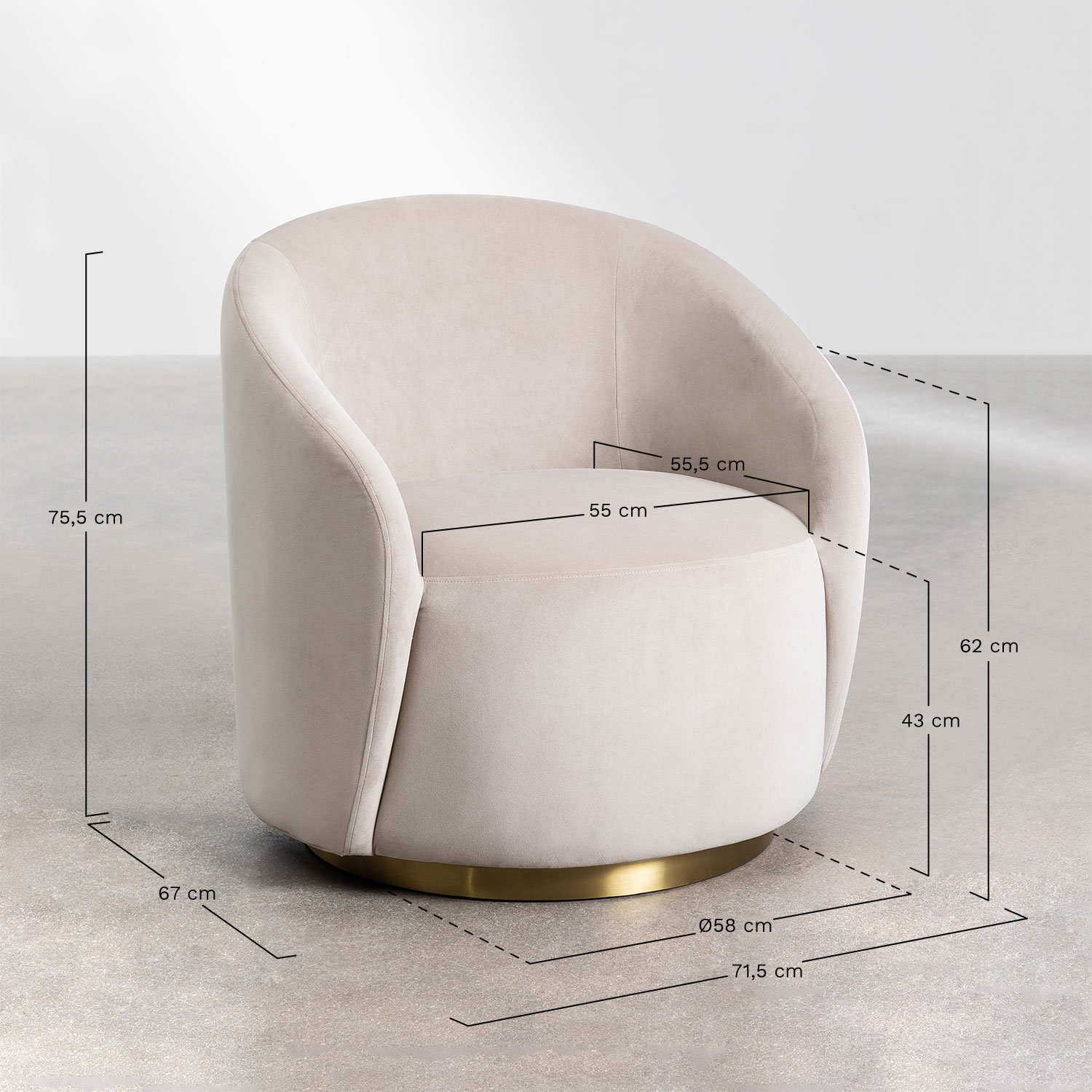 Fauteuil en velours Sidoni, mesures