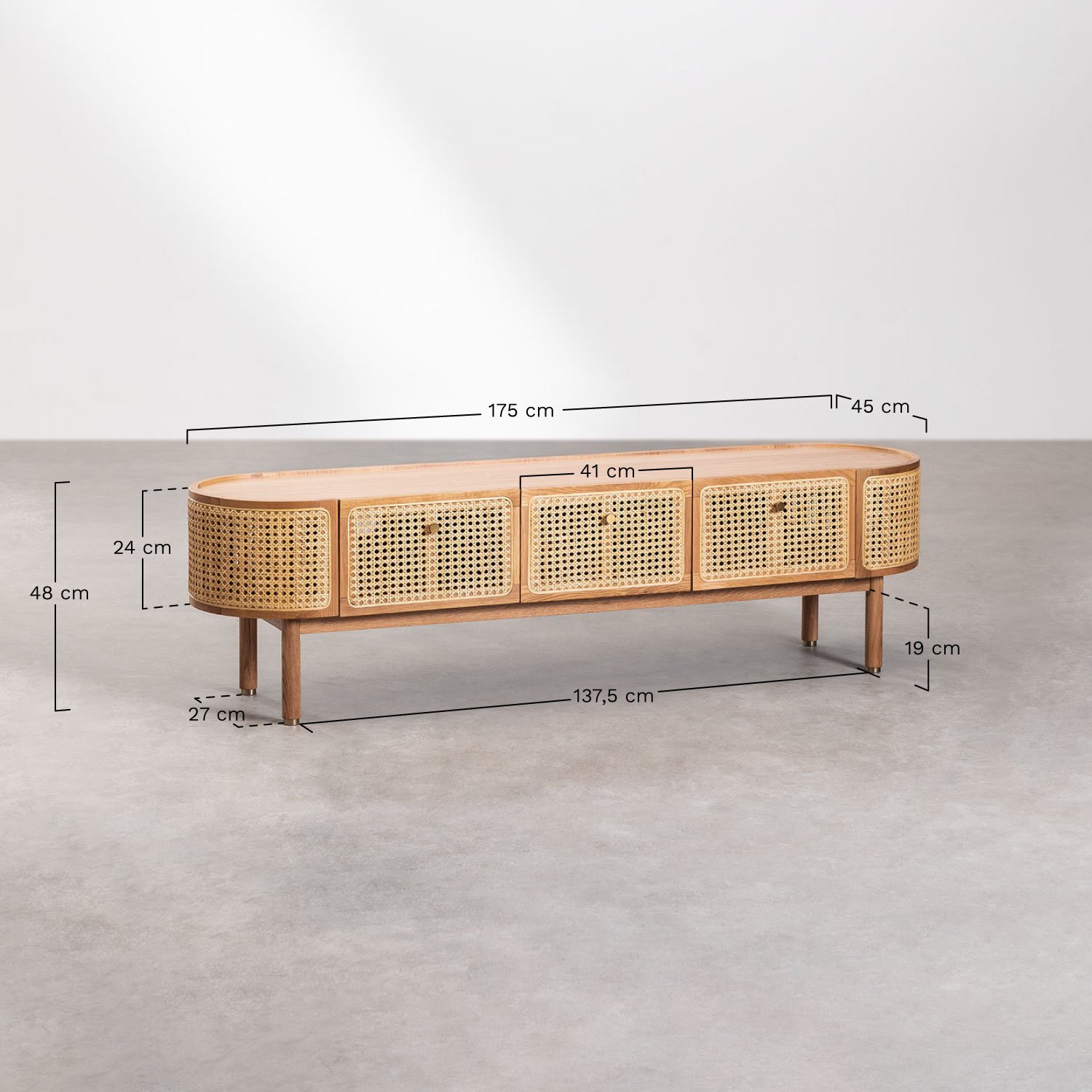 Meuble TV 175x45 cm en rotin et bois Edwina, mesures