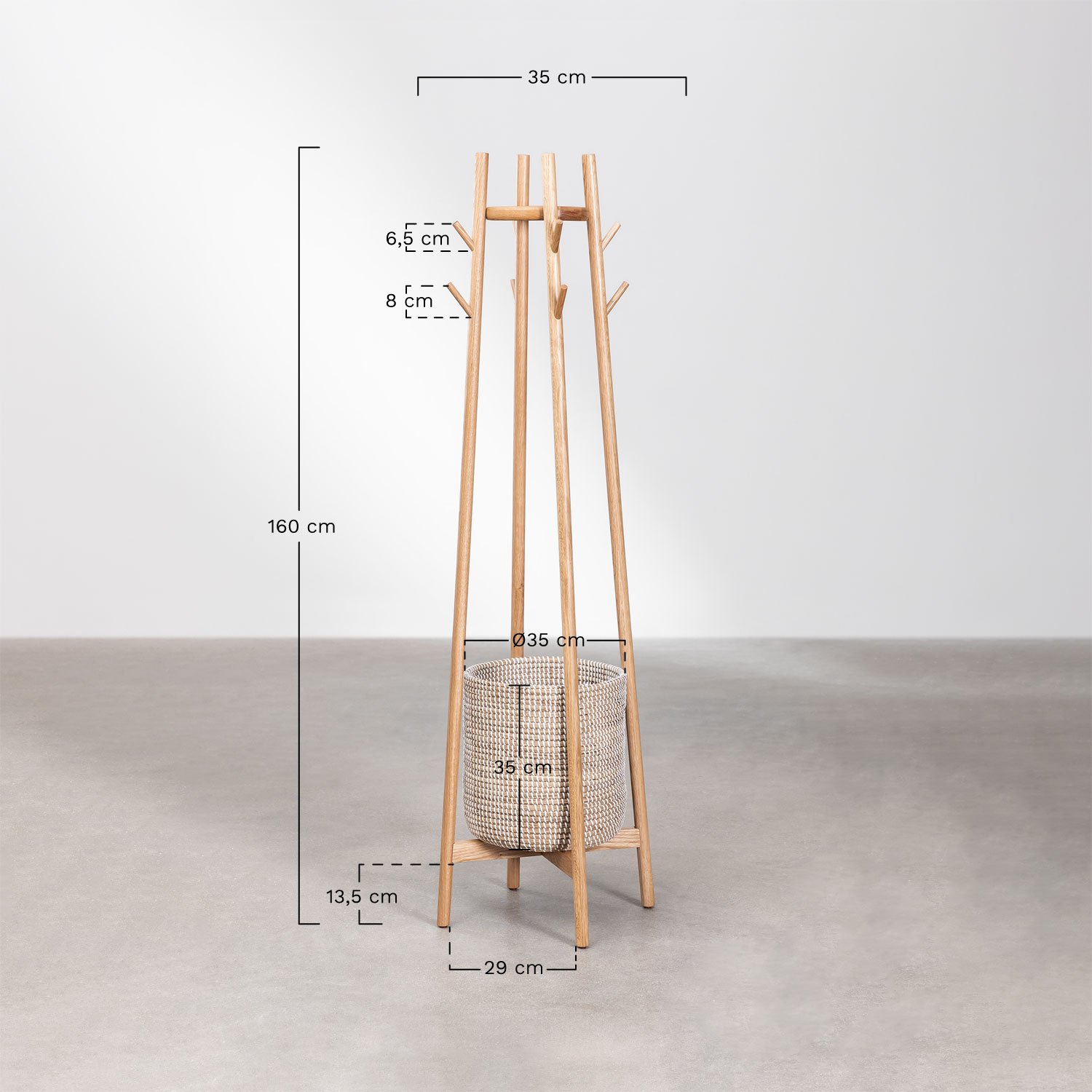 Porte-manteau sur pied en chêne Maddie, mesures