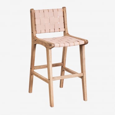 Tabouret Haut 60 Cm En Bois Et Cuir Zaid Rose Pâle - Sklum