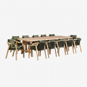 Ensemble De Table Rectangulaire (300x100 Cm) Et 12 Chaises De Jardin En Bois D'acacia Dubai Vert Militaire Clair & Acacia Rustique Marron - Sklum