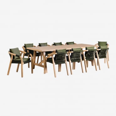 Set De Table Rectangulaire 260x100 Cm Et 10 Chaises De Salle À Manger En Bois D'acacia Dubai Acacia Rustique Marron & Tissu Vert Militaire - Sklum