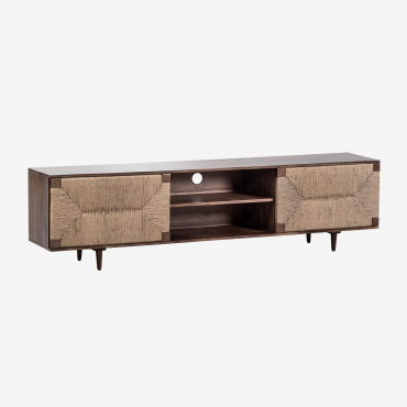 Meuble Tv 200x40 Cm En Bois De Manguier Et Jute Evans Bois Foncé - Sklum
