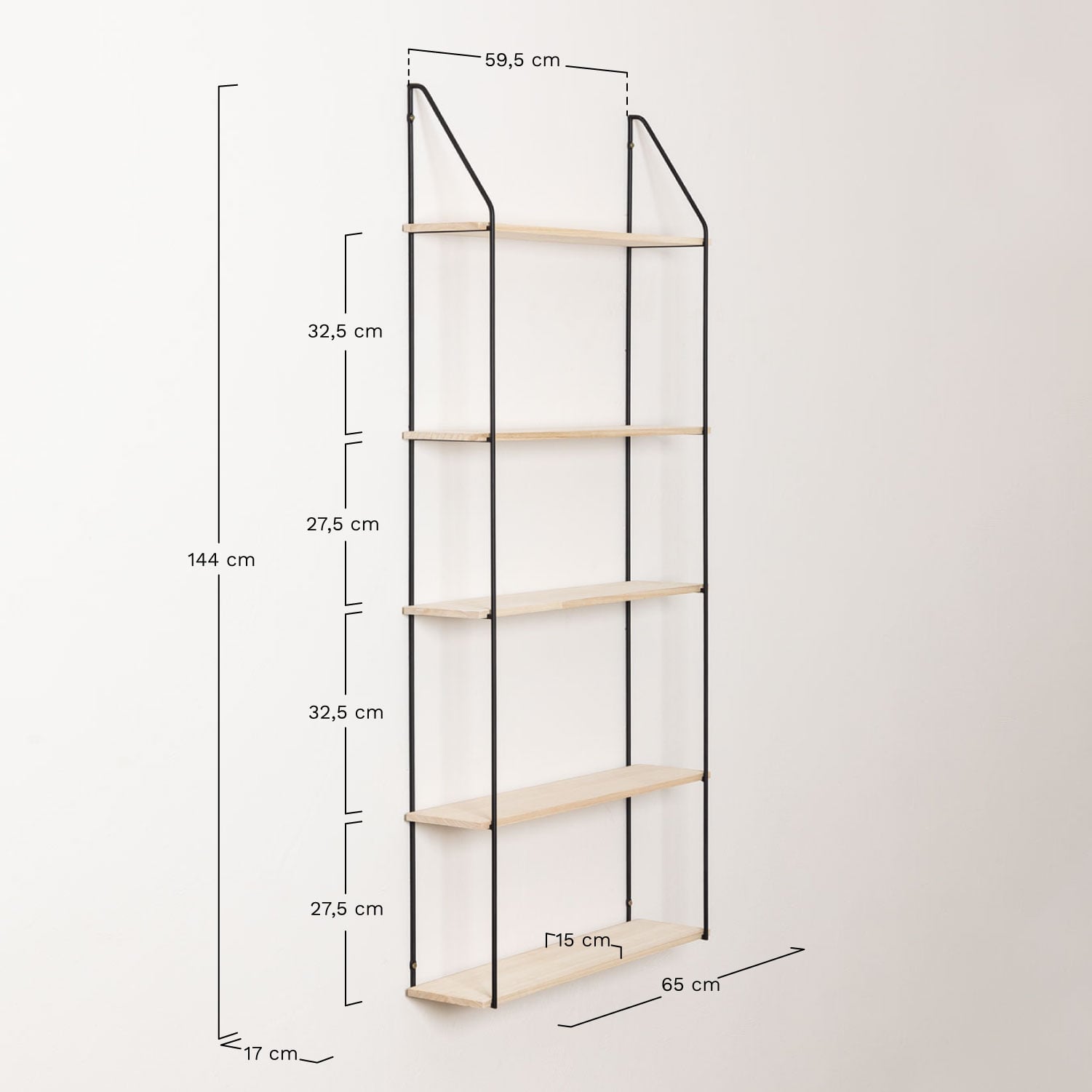 Étagère murale ↔︎ 65 cm en bois et acier Arison, mesures