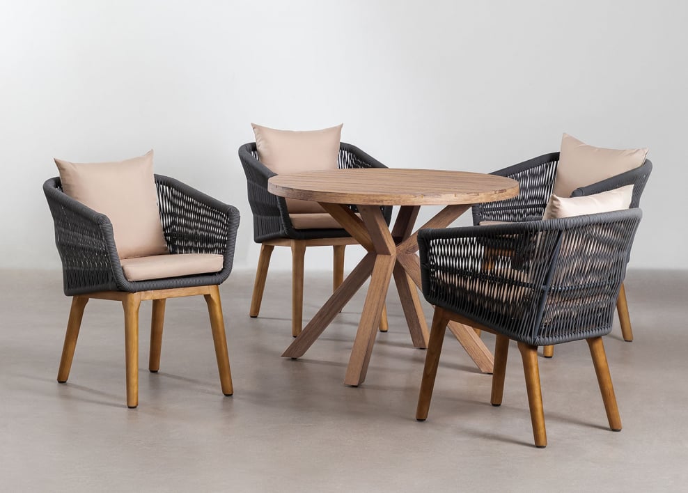 Set de table ronde Ø100 cm en bois Naele et 4 chaises de salle à manger en bois d'acacia Barker