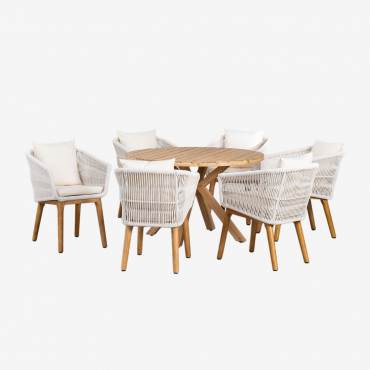 Ensemble De Table Ronde En Bois (ø120 Cm) Naele Et 6 Chaises De Jardin Barker Blanc Gardenia - Sklum