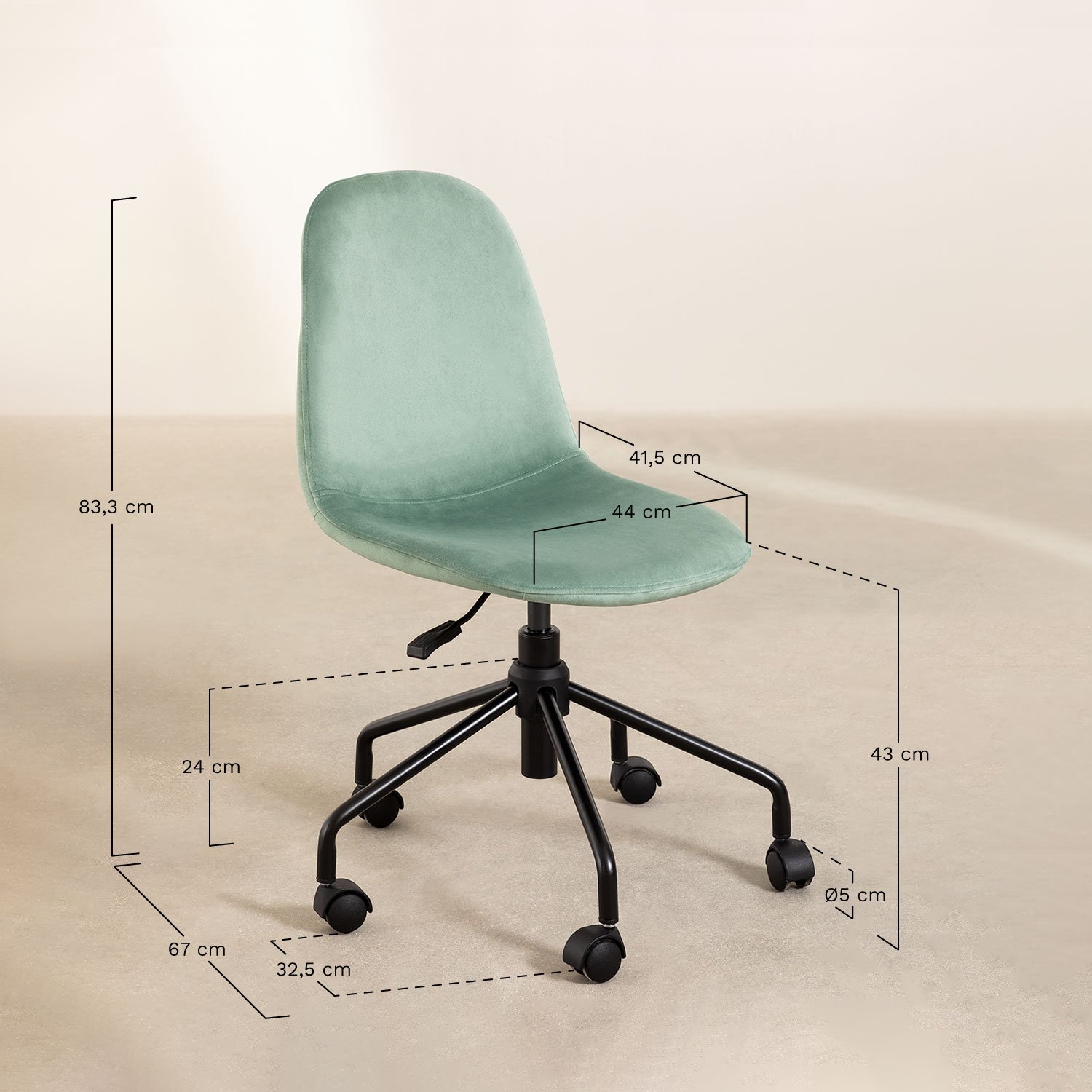 Chaise de bureau en velours Glamm, mesures