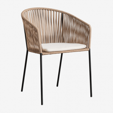 Chaise De Salle À Manger Empilable Jocelyn Avec Accoudoirs En Fer Et Corde Tressée Naturel- Noir - Sklum