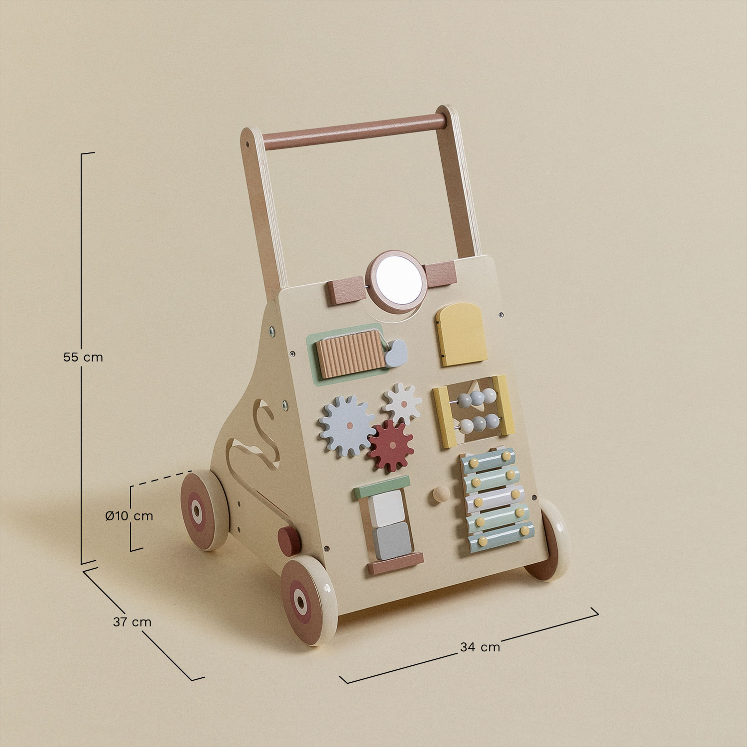 Chariot marcheur multi-activités en bois Wakko Kids, mesures