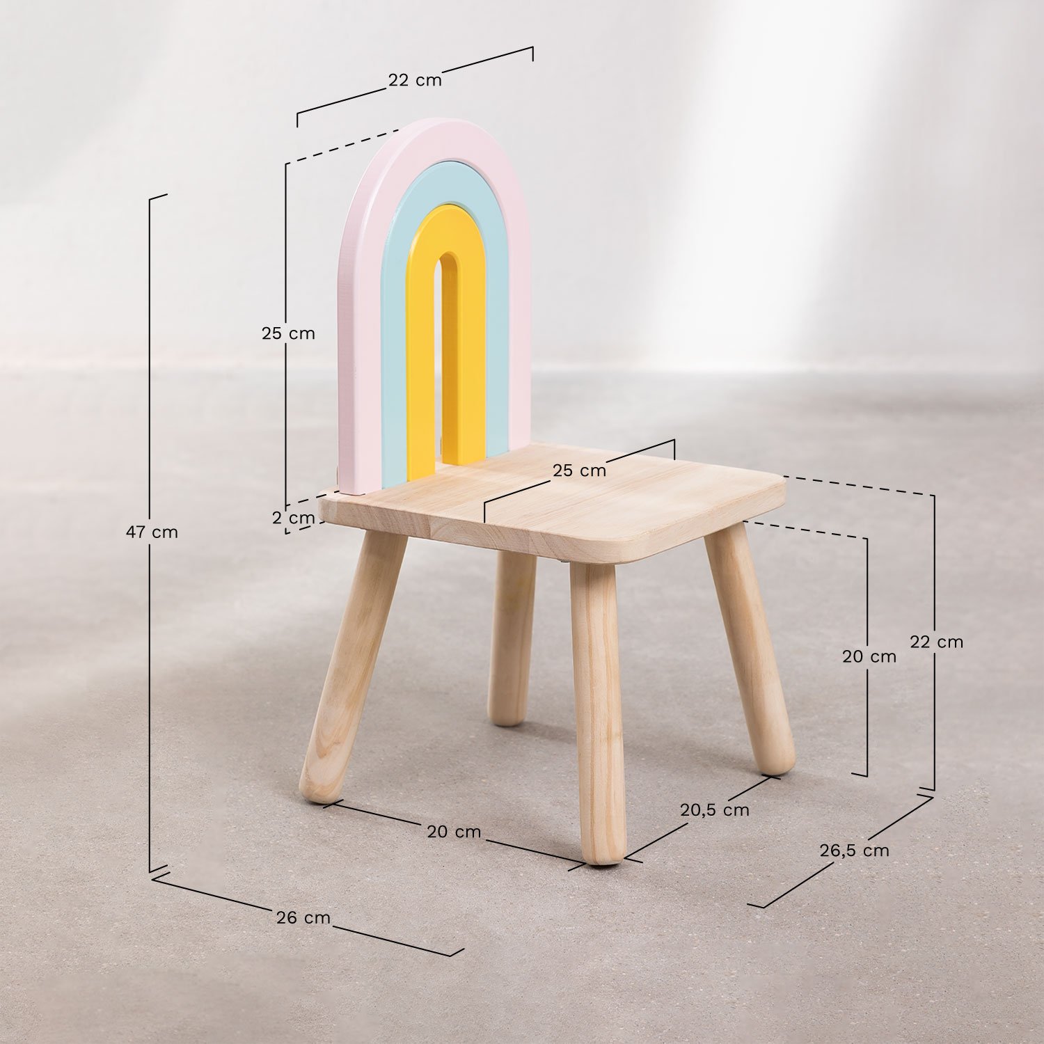 Chaise en bois mini Rainbow Kids, mesures