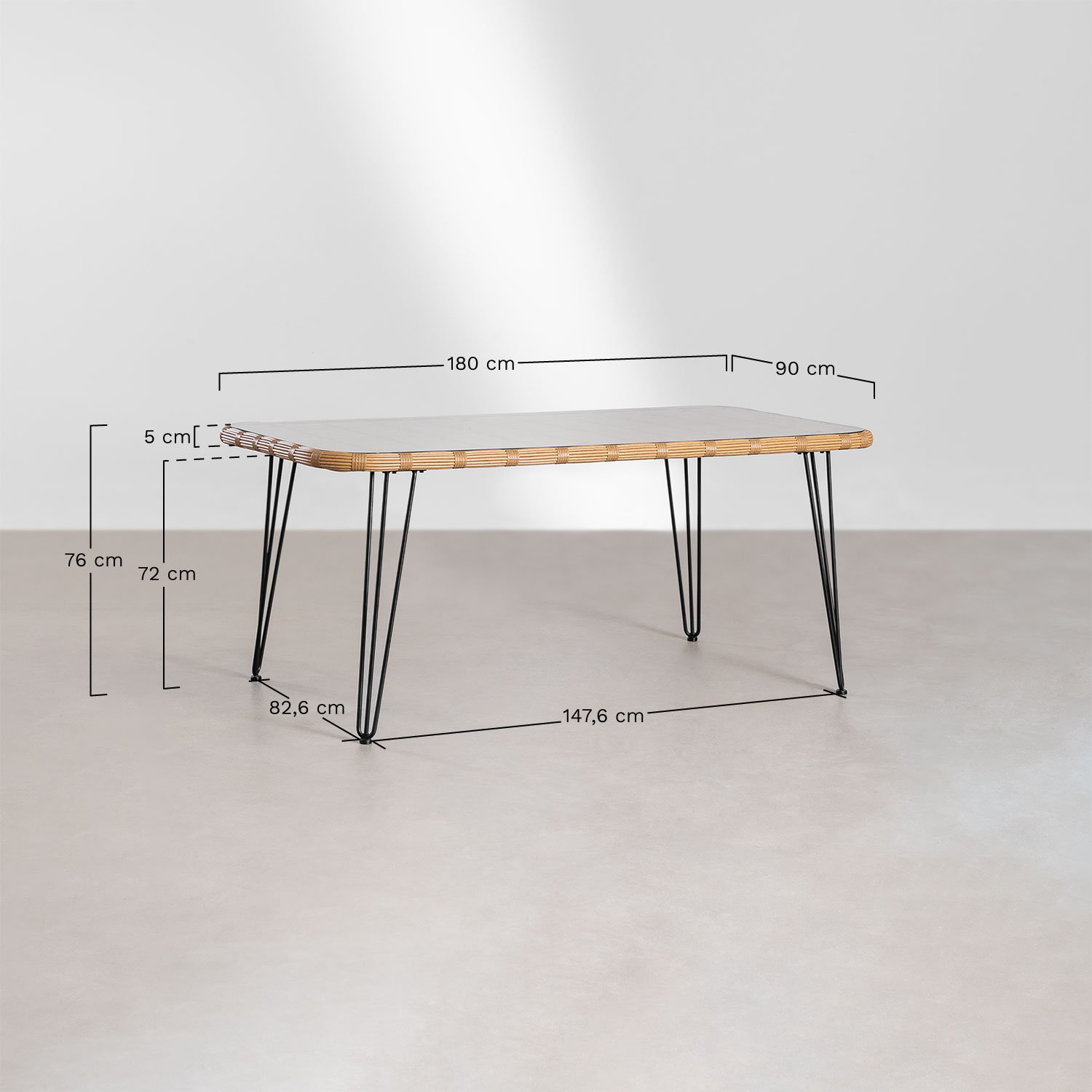 Table de jardin rectangulaire 180x90 cm en rotin synthétique Leribert, mesures