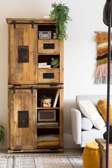 Armoire à 2 portes coulissantes en bois de manguier Uain