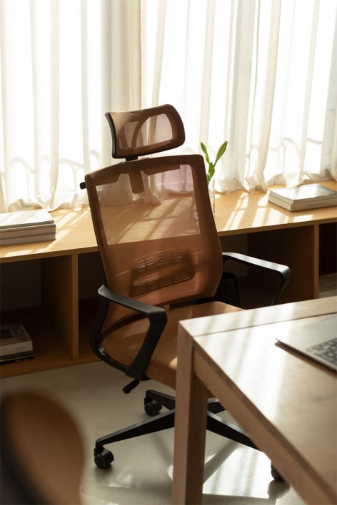 Chaise de bureau à roulettes avec appuie-tête en polypropylène Teill Black - Camel Brun Clair
