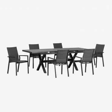 Ensemble Table De Jardin Rectangulaire Extensible 180-240x90 Cm Et 6 Chaises De Jardin Empilables Avec Accoudoirs En Aluminium K Gris Graphite - Sklum