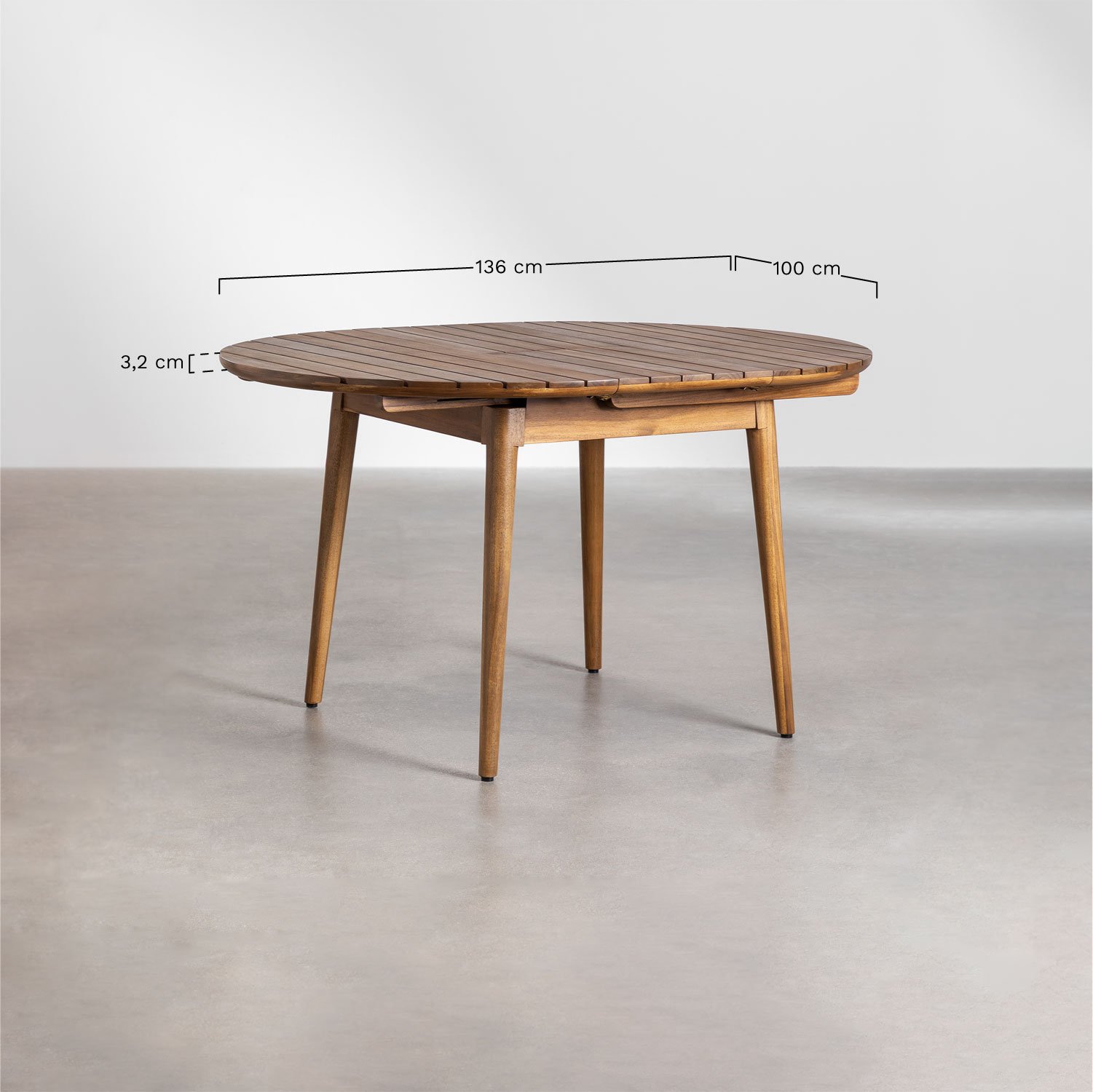 Table de jardin ronde 100-135x100 cm extensible en bois d'acajou Tenay, mesures