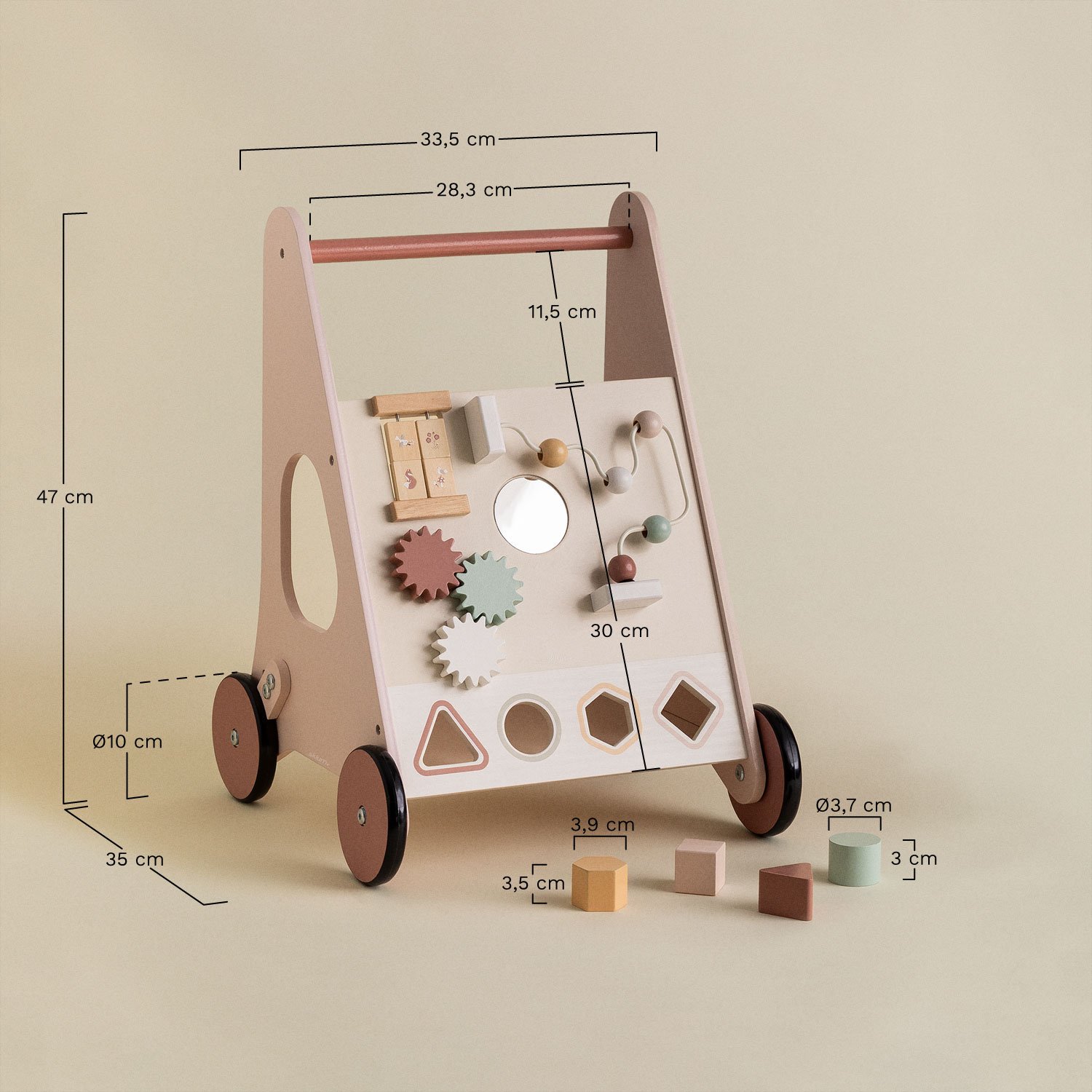 Chariot de marche multi-activités en bois Bandile Kids, mesures