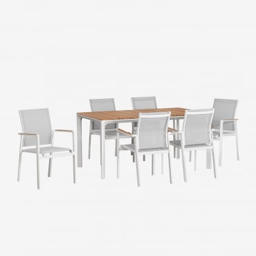 Ensemble Table Rectangulaire En Aluminium Et Bois De Teck Katiana (160x90 Cm) Et 6 Chaises De Jardin En Aluminium Elvira Blanc - Sklum