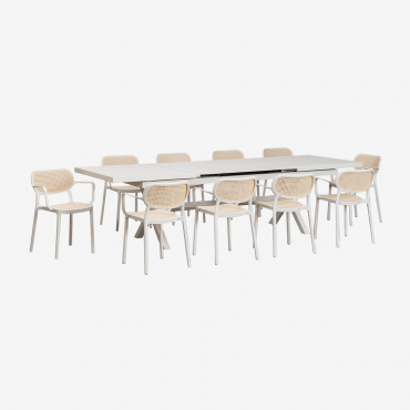 Ensemble De Table De Jardin Rectangulaire Extensible En Aluminium (240-300x100 Cm) Karena Et 10 Chaises De Jardin Avec Accoudoir Blanc Gardenia -
