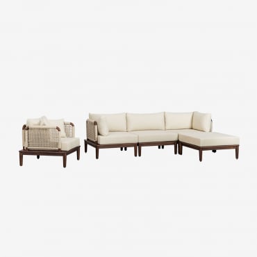 Canapé De Jardin Modulable 3 Pièces Avec 2 Fauteuils D'angle, Pouf Et Fauteuil En Bois D'acacia Giulia Beige Crème - Sklum