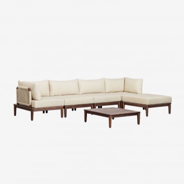 Ensemble De Jardin Avec Canapé Modulaire De 4 Pièces Avec 2 Fauteuils D'angle, Table Basse Et Pouf En Acacia Giulia Beige Crème - Sklum