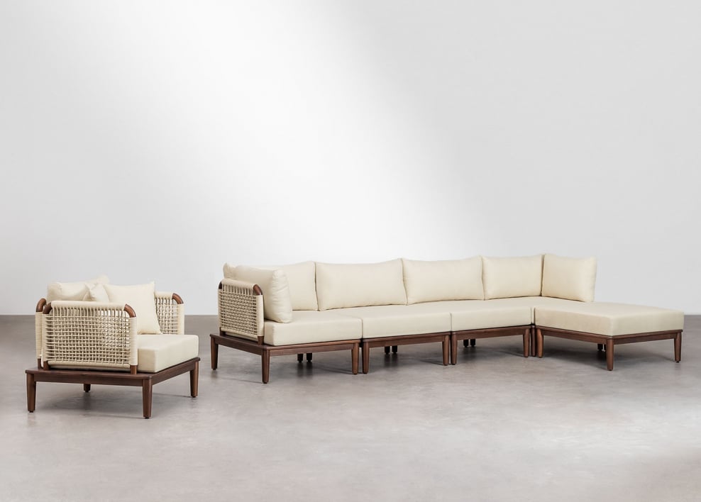 Ensemble de jardin avec canapé modulaire de 4 pièces avec 2 fauteuils d'angle, pouf et fauteuil en acacia Giulia