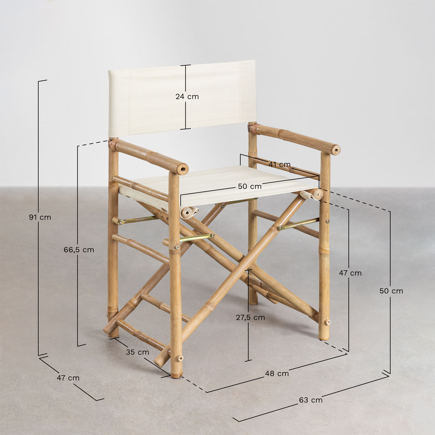 Chaise de réalisateur pliante en bambou boisé, mesures