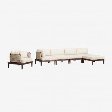 Ensemble De Jardin Avec Canapé D'angle Modulaire 4 Pièces Avec Pouf Et Fauteuil En Acacia Giulia Beige Crème - Sklum