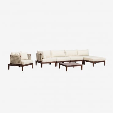 Salon De Jardin Composé D'un Canapé D'angle Modulable 4 Pièces, D'une Table Basse, D'un Pouf Et D'un Fauteuil En Bois D'acacia G Beige Crème - Sklum