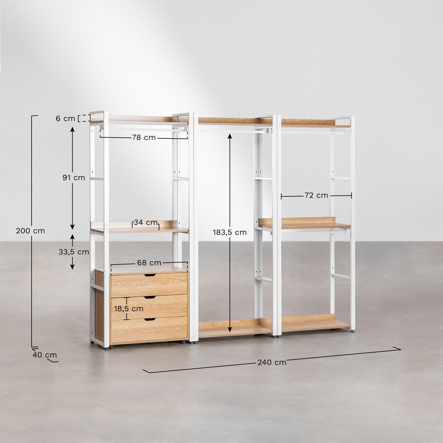 Armoire modulaire ouverte 3 pièces avec tiroirs en acier et MDF Ariaster, mesures