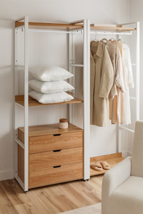 Armoire modulaire ouverte 2 pièces avec porte-manteau, tiroirs en acier et MDF Ariaster - NATUREL