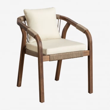 Pack De 4 Chaises De Salle À Manger Avec Accoudoirs En Bois D'acacia Dubai Brun Acacia Foncé & Tissu Blanc Gardenia - Sklum