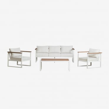Salon De Jardin Composé D'un Canapé 3 Places, 2 Fauteuils Et Table Basse En Aluminium Et Bois D'acacia Lipov Blanc Gardenia - Sklum