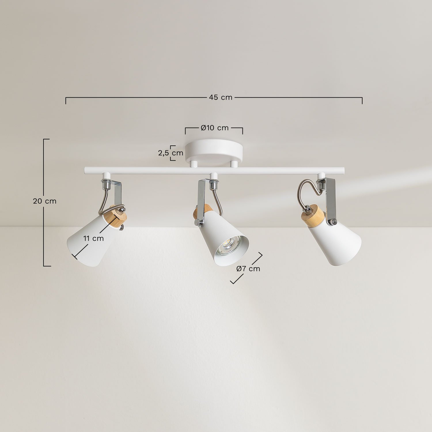 Lampe de plafond orientable en acier Anteia, mesures