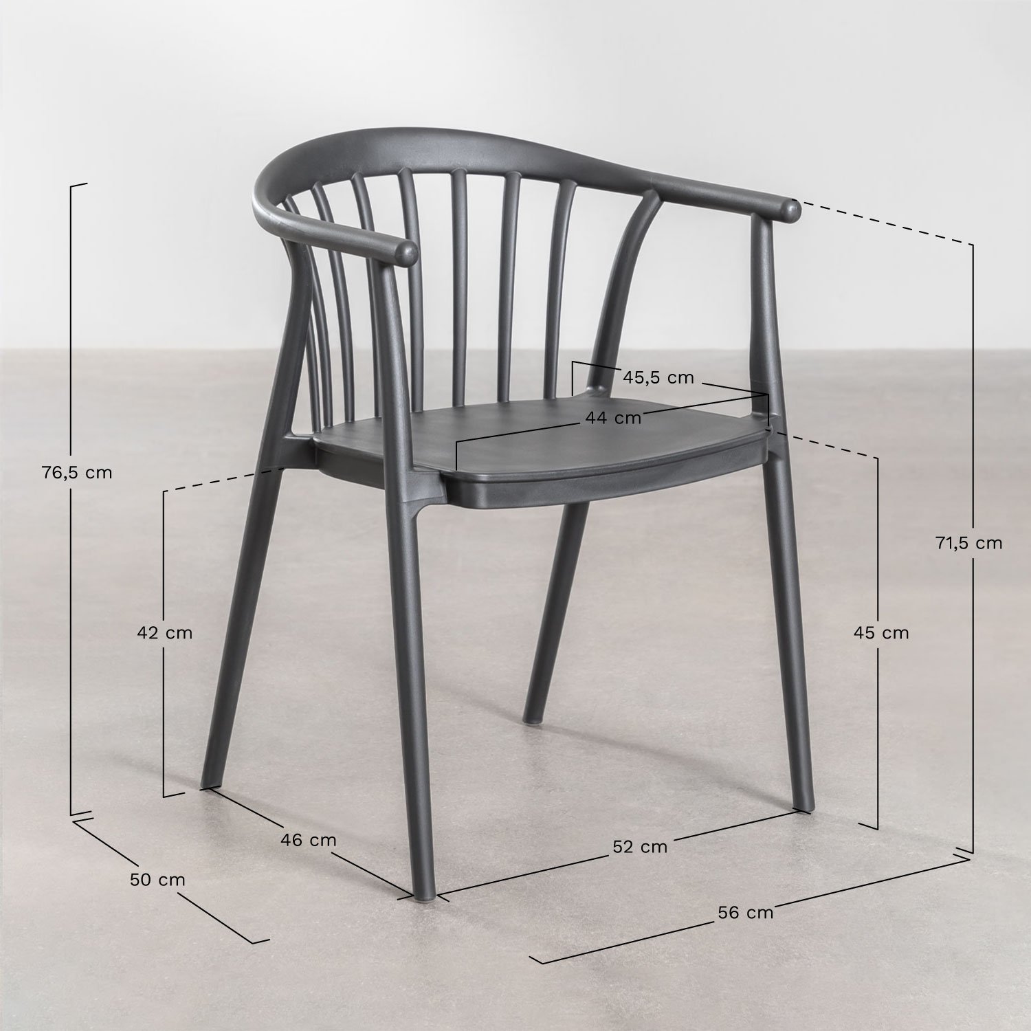 Pack de 6 chaises de jardin empilables avec accoudoirs en polypropylène Ivor, mesures