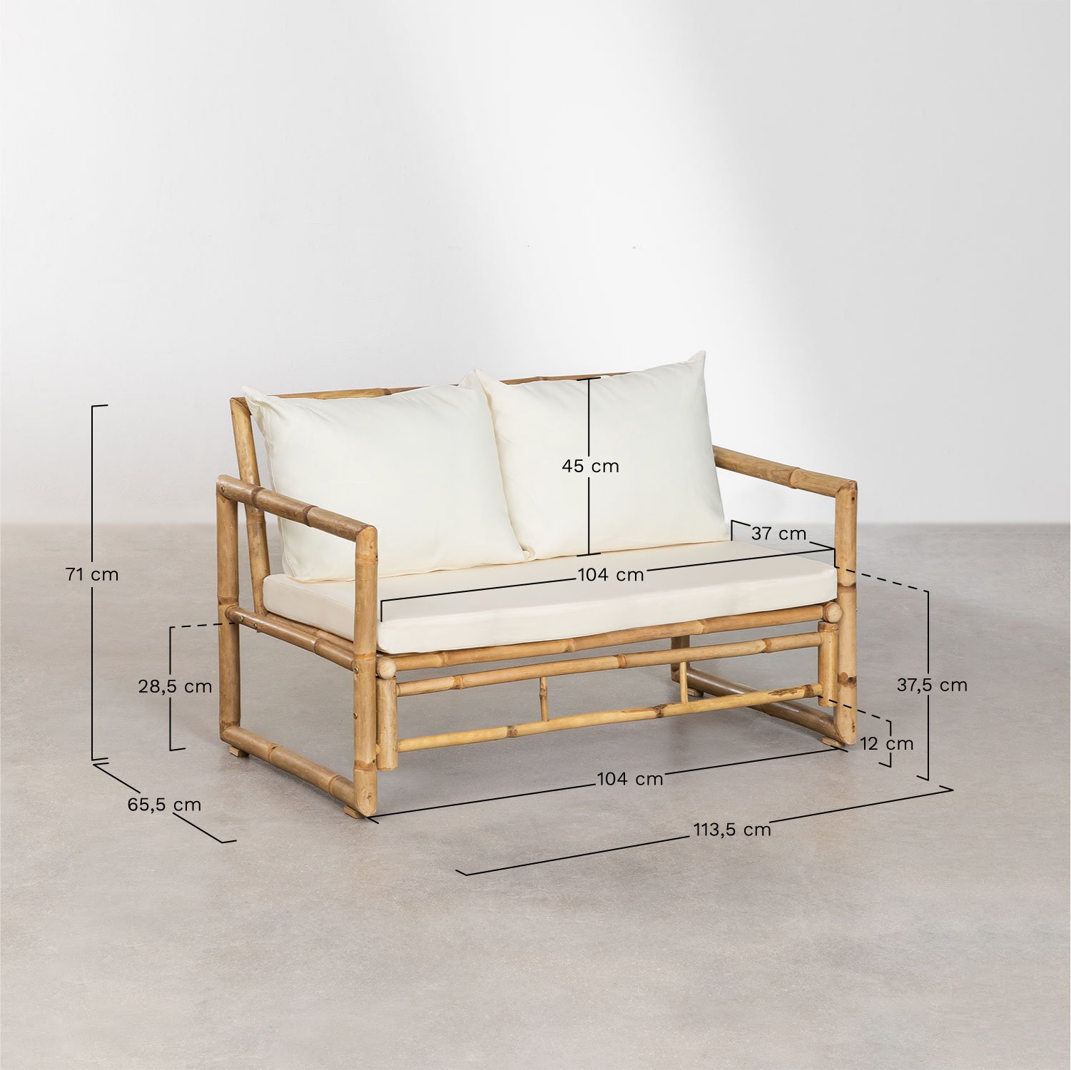 Ensemble de jardin avec canapé 2 places et table basse 90x50 cm en bambou Livayna, mesures