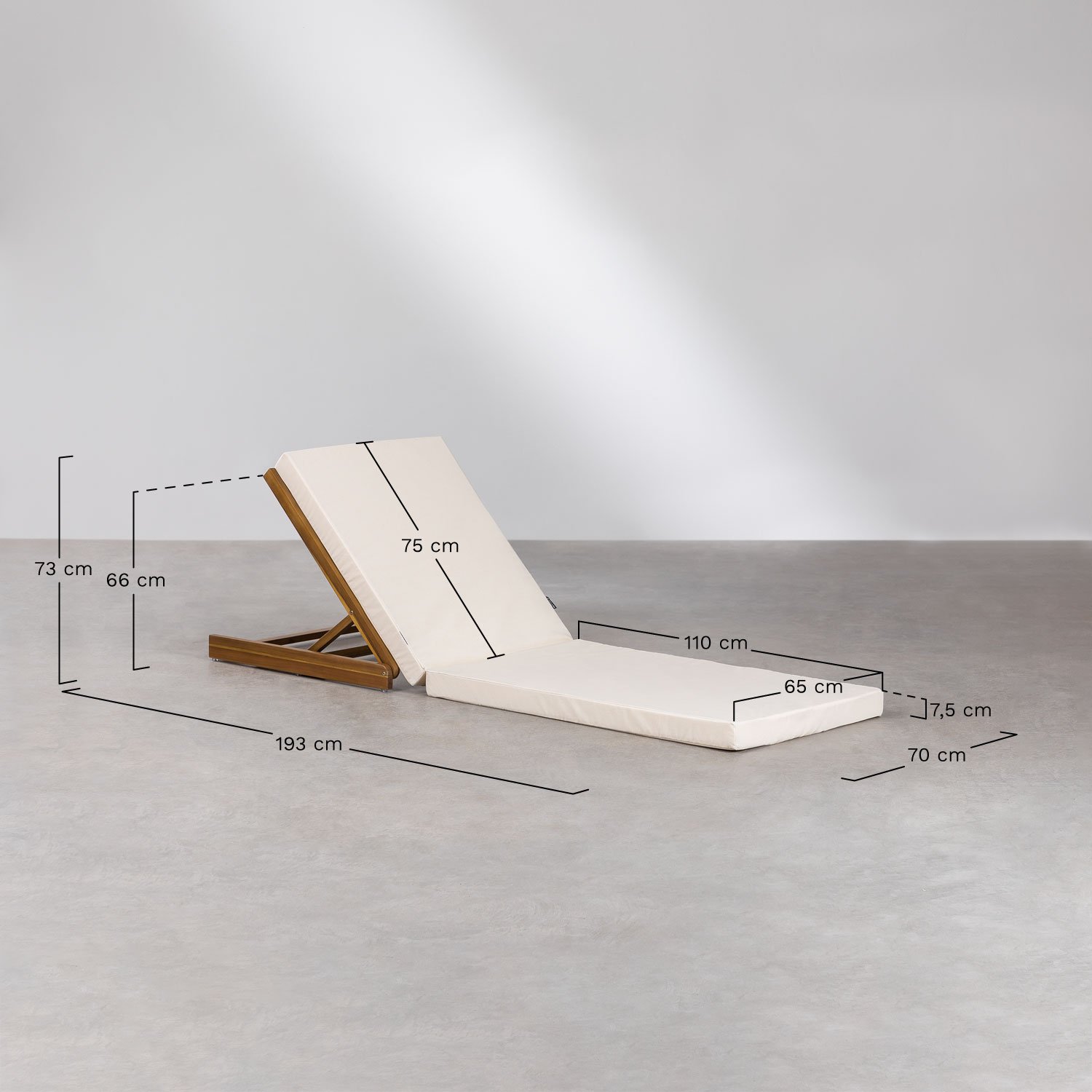 Chaise longue inclinable en bois d'acacia Idaira, mesures