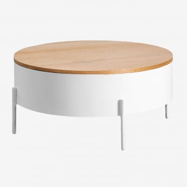 Table Basse Élévatrice Ronde En Bois Et Acier (ø80 Cm) Tainara Blanc - Marron Chêne - Sklum