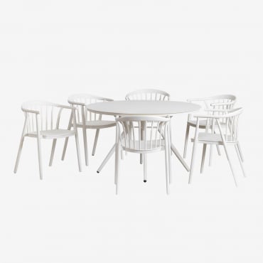 Ensemble Table Ronde En Aluminium Valérie (ø125 Cm) Et 6 Chaises De Jardin Ivoire Blanc Gardenia - Sklum
