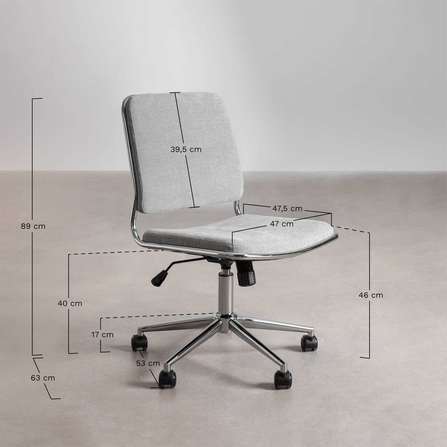 Chaise de bureau Veiga à roulettes, mesures