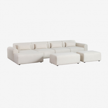 Canapé Modulaire Avec Méridienne Gauche De 4 Pièces Avec 2 Poufs En Tissu Bouclette Borjan Chenille Blanc - Sklum