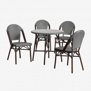 Ensemble Table Ronde Ø80 Cm Et 4 Chaises De Jardin Empilables En Aluminium Et Rotin Synthétique Brielle Bistro Gris Graphite - Sklum